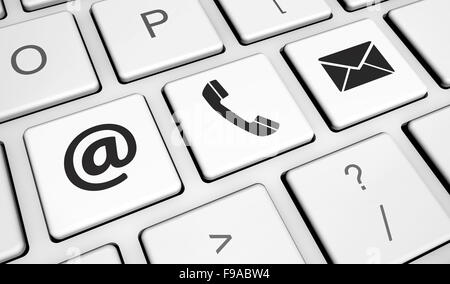 Contacts Site web de symbole et des icônes sur un clavier d'ordinateur portable 3d illustration conceptuelle pour blog et affaires en ligne. Banque D'Images