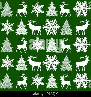 Seamless pattern design Noël - deer, Snowflake et l'arbre de Noël sur vert Banque D'Images