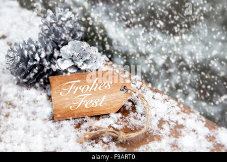 Tag en bois avec les mots 'Frohes Fest" (Joyeux Noël) dans la neige avec des cônes de pin blanc Banque D'Images