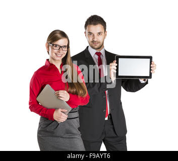 Couple d'entreprises prospères se tient sur fond isolé. Banque D'Images