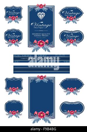 Invitation de luxe bleu foncé des étiquettes vierges et étiquettes de fleurs Illustration de Vecteur