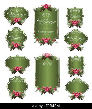 Invitation de luxe vert étiquettes étiquettes vierges et de fleurs Illustration de Vecteur