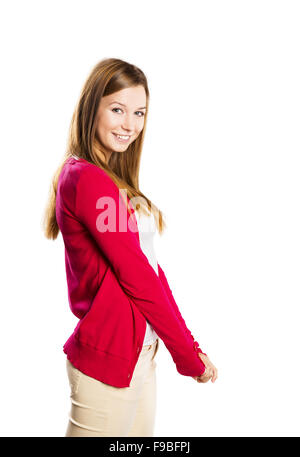 Belle jeune femme posant en studio sur un fond blanc Banque D'Images