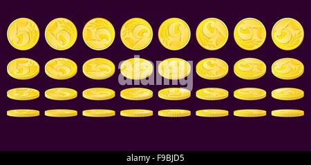 Golden coin tourné dans diverses positions. Cinq unités monétaires nominales. Adobe Illustrator eps8. Illustration de Vecteur