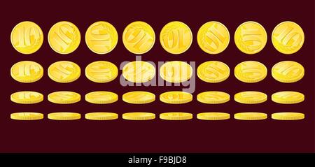 Golden coin tourné dans diverses positions. Dix unités monétaires nominales. Adobe Illustrator eps8. Illustration de Vecteur
