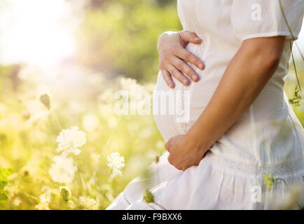 Close up of pregnant belly dans la nature Banque D'Images