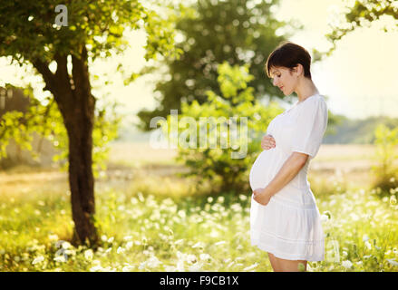 Plein air natural portrait de belle femme enceinte Banque D'Images