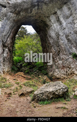 Reynard's Cave et son arche, une fonctionnalité de calcaire à Dovedale, Peak District, Derbyshire, Angleterre. Banque D'Images