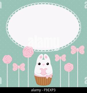 Carte vectorielle avec lapin blanc avec coeur, gâteau, rose à pois roses et d'archets. Le châssis de la dentelle. Résumé télévision vintage. Illustration de Vecteur
