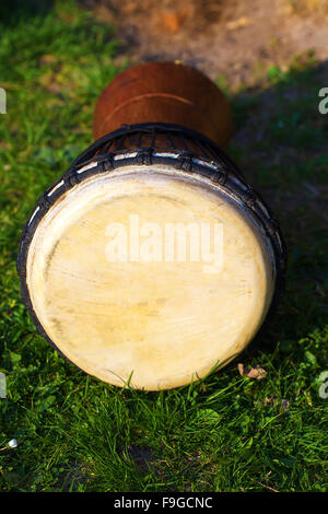 Djembe africain d'origine en cuir avec lamina, sur vert dans la lumière du soleil. Banque D'Images