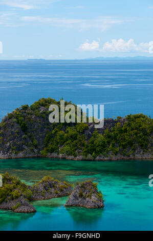 Les petites îles vertes appartenant à Fam Île de la mer de Raja Ampat, Papouasie Nouvelle Guinée Banque D'Images