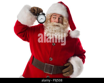 Santa Claus holding alarm Closeup Portrait isolé sur fond blanc Banque D'Images