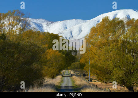 Otago Central Rail Trail dans la vallée de l'Ida, et la neige sur la plage de l'Ida, Central Otago, île du Sud, Nouvelle-Zélande Banque D'Images