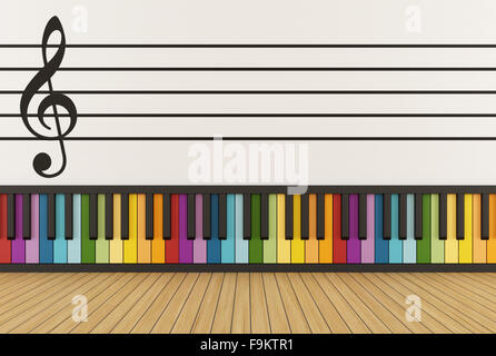 Salle de musique avec clavier coloré et pentagram sur mur - le rendu 3D Banque D'Images