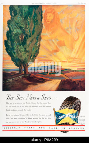 Une publicité pour le magazine 1937 Pneus Goodyear, avec le slogan : "Le soleil ne se couche jamais sur l'Empire Britannique" Banque D'Images