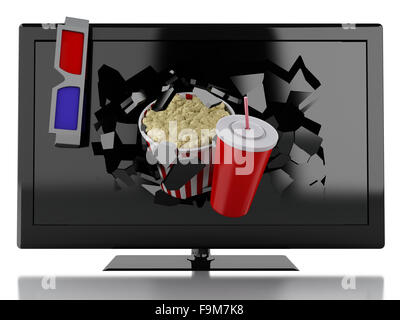 Moteur de rendu 3d illustration. Popcorn et boisson, briser l'écran de télévision.. Image concept. Banque D'Images