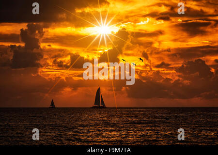La silhouette du bateau naviguant le long de son voyage contre un coucher de soleil colorés avec des oiseaux Banque D'Images