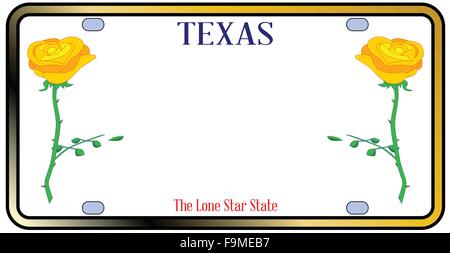 La plaque d'immatriculation du Texas en rouge blanc et bleu avec motif rose jaune sur un fond blanc Illustration de Vecteur