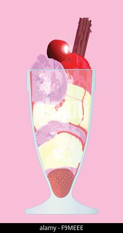 Un icecream knickerbocker glory rempli avec sauce aux fraises et chocolat flake Illustration de Vecteur