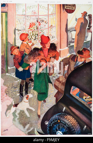 Noël, 1936, UK. Une vieille publicité pour les pneus Dunlop dans l'Illustrated London News Magazine, montrant une famille heureuse avec leurs achats de Noël à l'extérieur d'une fenêtre boutique Dunlop Banque D'Images