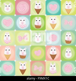 Dames vecteur avec bunny blanc avec coeur, glaces, gâteaux, roses et pois rouges des archets. Résumé télévision vintage. Illustration de Vecteur