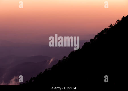 Silhouette de versant de montagne Tajumulco avec arbres devant coucher de soleil mauve orange Banque D'Images