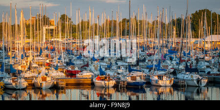 Bateaux dans une marina en fin d'après-midi. Coucher de soleil de l'arrière. Les gens dans leurs bateaux. Banque D'Images