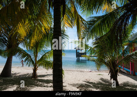 Petite cabane en bois sur pilotis dans la mer à la plage de sable blanc de se cacher derrière des palmiers Banque D'Images