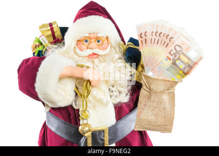 Modèle de Père Noël avec cloche qui sonne et présente de l'argent euro en sac isolé sur fond blanc Banque D'Images