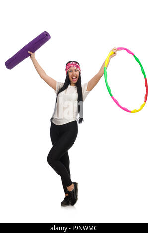 Une fille dans le sport costume avec hula hoop isolated on white Banque D'Images