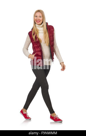 Cheveux blonds girl in bordo vest isolated on white Banque D'Images