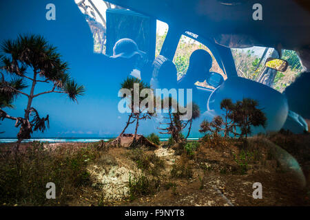 Les pins à vis tropicaux sur la plage sont vus à travers des lunettes de voiture à Tosi, Pero Batang, Kodi, Southwest Sumba, East Nusa Tenggara, Indonésie. Banque D'Images