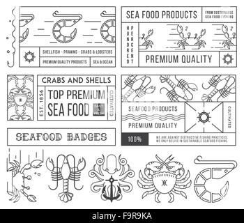 Noir sur blanc les étiquettes de fruits de mer et insignes tome 4 pour toute utilisation Illustration de Vecteur