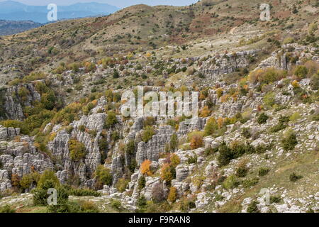 Pinacles de calcaire et la couleur en automne dans la nature, au-dessus de Kapesovo, Zagori, Epirus Banque D'Images