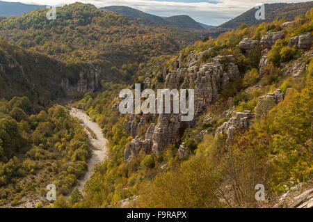 Pinnacles rock dans la vallée de la rivière Voidhomatis, Gorge de Vikos, ci-dessous Koukouli ; Parc National de vikos Aoos-, Zagori, Epirus Banque D'Images