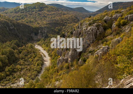 Pinnacles rock dans la vallée de la rivière Voidhomatis, Gorge de Vikos, ci-dessous Koukouli ; Parc National de vikos Aoos-, Zagori, Epirus Banque D'Images