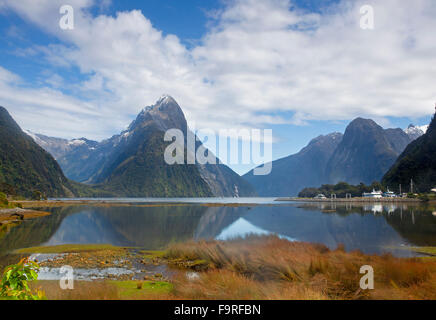 Milford Sound à au nord-ouest de la ville. Le triangle en forme de Mitre Peak est 1 692 m (5 551 ft) au-dessus du niveau de la mer. Banque D'Images