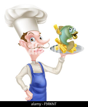 Caricature de fruits de mer chef holding un plat ou une plaque avec du poisson et des frites il Banque D'Images