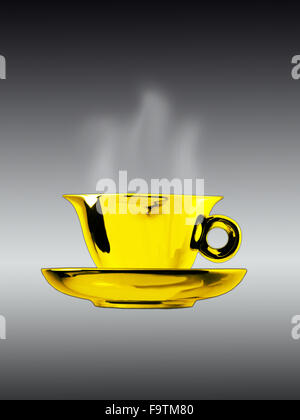 Couleur jaune métalliques plateau tasse et soucoupe/vue plate graduée contre fond gris et l'augmentation de vapeur Banque D'Images