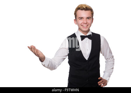 Jeune homme en noir gilet classique isolated on white Banque D'Images