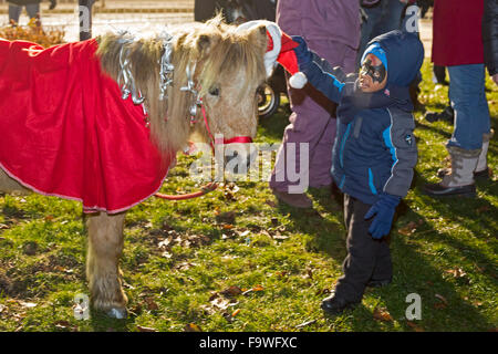 Detroit, Michigan - Un garçon animaux domestiques un poney dans une exposition d'animaux vivants en provenance de la Nativité à l'église cathédrale de Saint Paul. Banque D'Images