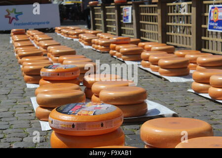 Gouda fromage entier tours sur le sol pavé au marché du fromage de Gouda aux Pays-Bas Banque D'Images