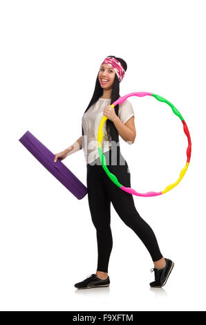 Une fille dans le sport costume avec hula hoop isolated on white Banque D'Images