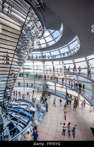 Allemagne, Berlin, Reichstag, vue de l'intérieur du dôme de verre conçu par Norman Foster avec rampes en spirale à double hélice Banque D'Images