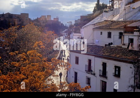 Alhambral vu de Sacromonte (quartier gitan quartier troglodyte), Grenade, Andalousie, Espagne, Europe. Banque D'Images