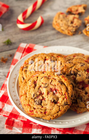 Peppermint Cookies au chocolat maison avec des cannes de bonbon Banque D'Images