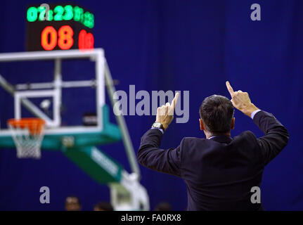 Kiev, UKRAINE - le 14 novembre 2013 : Ainars Bagatskis, entraîneur-chef de Budivelnik Kiev cherche sur au cours de Turkish Airlines Euroleague b Banque D'Images