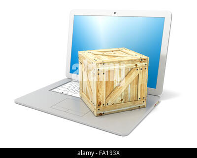 Ordinateur portable avec boîte en bois. Concept de commande en ligne de produits. Vue de côté. Rendu 3D illustration isolé sur blanc retour Banque D'Images