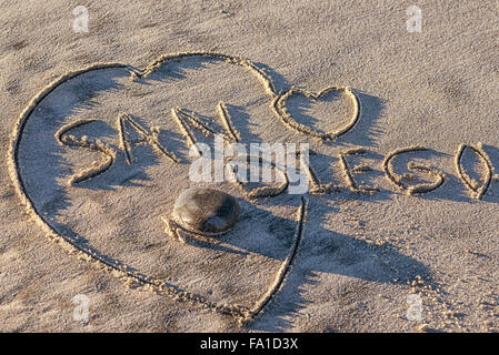 Le mot San Diego écrit dans le sable. forme de cœur, plage. Banque D'Images