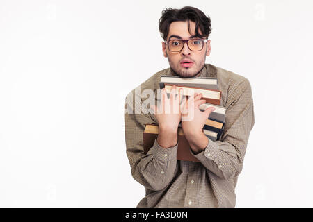 Portrait d'un jeune homme en tenue de livres lunettes isolé sur fond blanc Banque D'Images